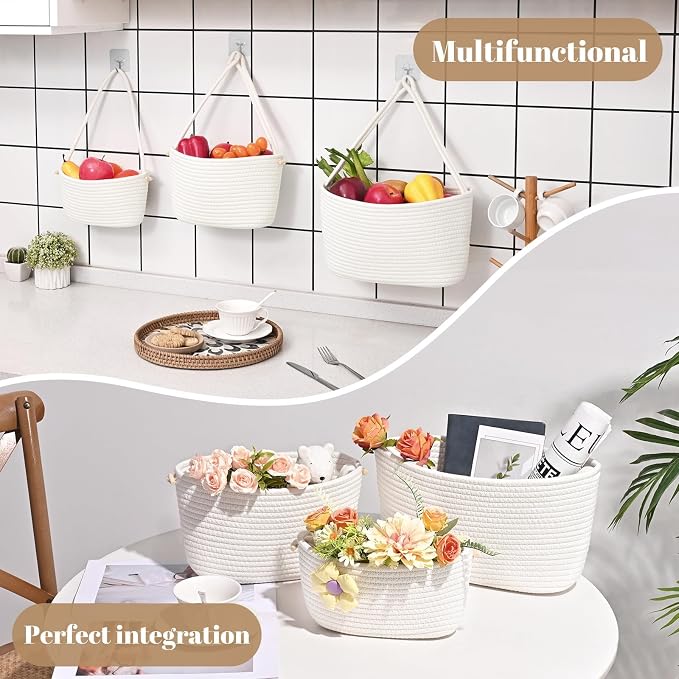 Hanging Basket, 3-Tier Woven Wall Basket with 4 Hooks, Cotton Rope Storage Baskets, Over the Door Organizer for Nursery, Bedroom, Cottage and Boho Wall Decor
