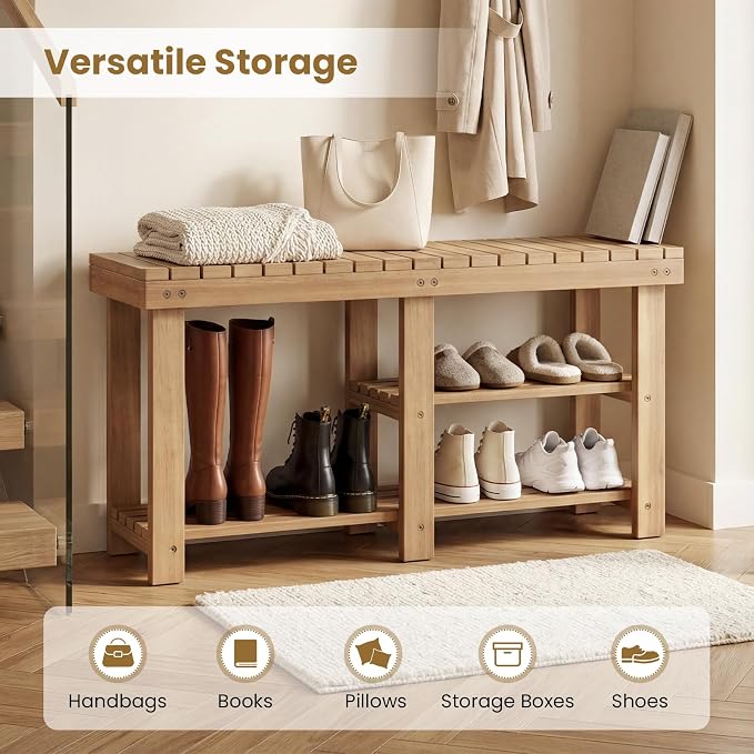 GOFLAME Wooden Shoe Rack Bench, 3-Tier Free Standing Entryway Bench Seat with Slatted Shelves, Shoe Storage Organizer for Entryway, Hallway, Bedroom, Living Room, Small Space, 34"x11"x18"