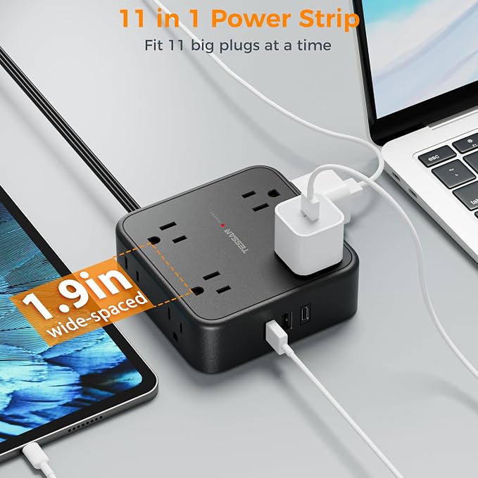 TESSAN Surge Protector Power Strip, 15 Ft Flat Plug Extension Cord with 3 USB (1 USB C) 8 Outlets, 900J Protection, 3 Sided Outlet Extender with Power Switch for Office, Dorm Room, Black