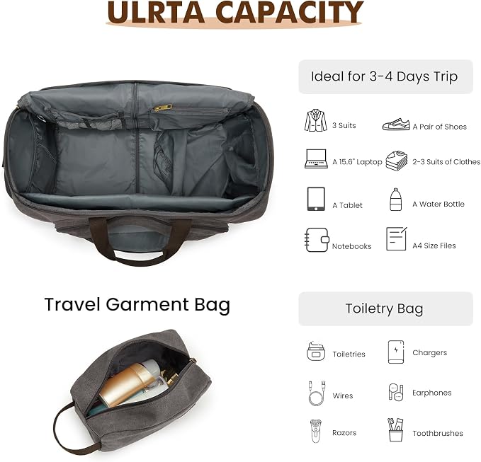 S-ZONE Carry On Garment Bag for Travel Convertible Garment Duffle Bag Suit Bags for Men Women Travel 2 in 1 Hanging Suitcase Business Travel Bag with Toiletry Bag, Gery, 50l | 2-in-1 Hanging Suitcase, with Toiletry Bag, Wet/Dry Pockets, Shoe Compartmen...