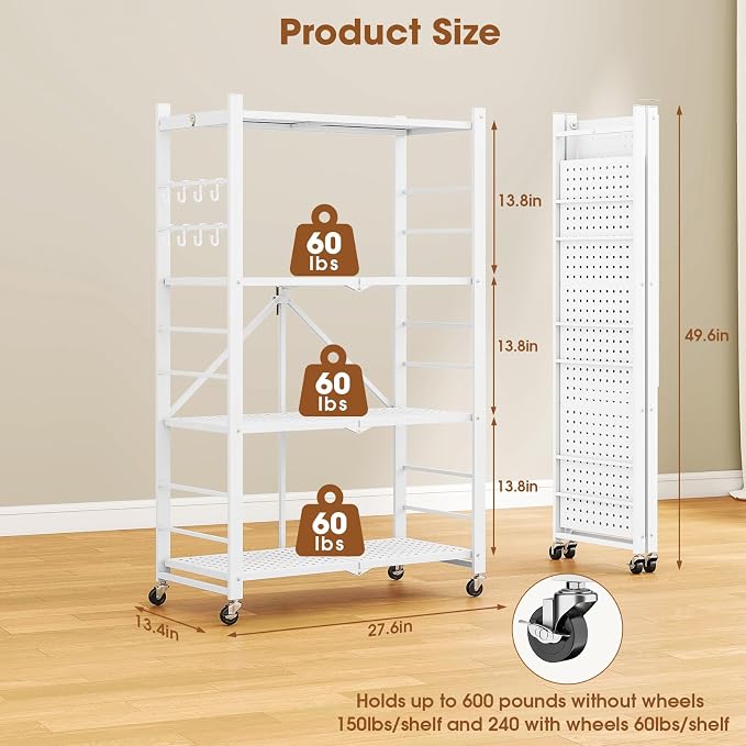 Fenbeli Foldable Shelves with Wheels - 4 Tier Folding Shelf, Collapsible No Assembly Metal Shelving Unit, Origami Storage Shelves & Rolling Storage Rack with 8 Hooks for Kitchen Pantry Garage