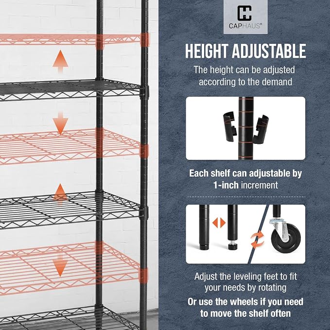 CAPHAUS NSF Commercial Grade Wire Shelving w/Wheels, Leveling Feet & Liners, Storage Metal Shelf, 36 x 18 x 76 5-Tier No Liner (RWW-CH36185HDW-BK@CH-CM)