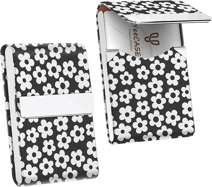2Pack Leather Stainless Steel Business Card Holder, Metal Slim Business Card Case for Women or Men, Pocket Business Card Carrier with Prints, Magnetic Closure, RFID Blocking