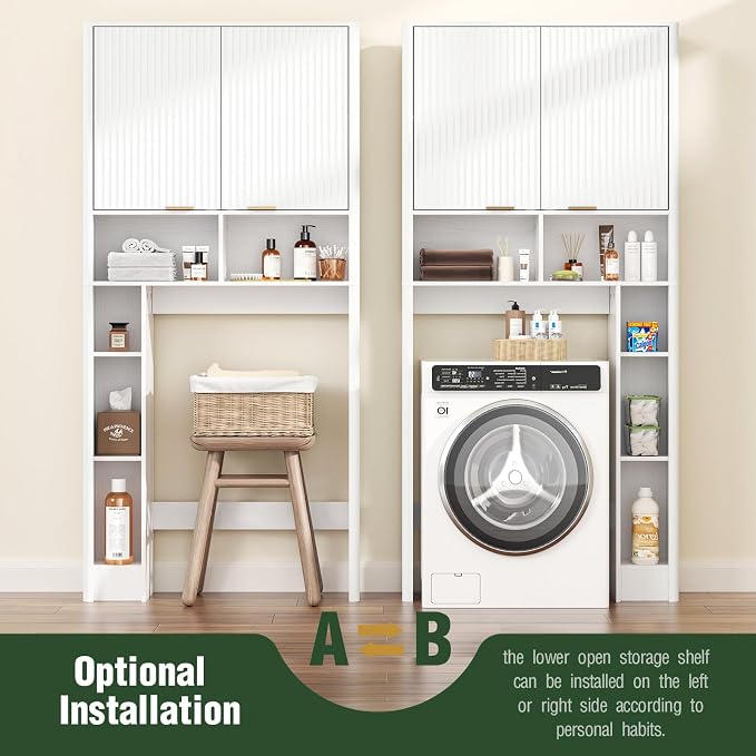 AKMAKM 31" W Over the Toilet Storage Cabinet with Fluted Door, White Bathroom Organizer with Adjustable Shelf, 67''H Tall Toilet Paper Holder Stand Wave Door for Restroom, Laundry Room
