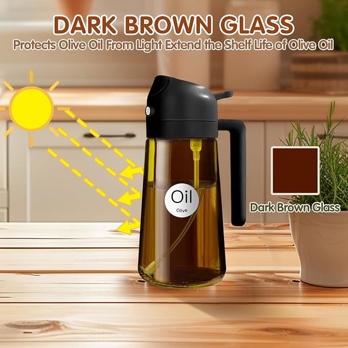 YARRAMATE 16oz/470ml Light Blocking Oil Sprayer for Cooking with Stickers, Food-Grade 2 in 1 Olive Oil Dispenser Bottle for Kitchen, Premium Dark Amber Glass Oil Bottle for Air Fryer, BBQ (Black)