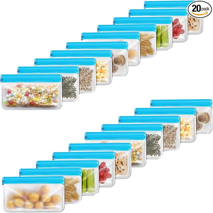 20 Pack Reusable Snack Bags, BPA Free Food Storage Bags Dishwasher Safe, Upgraded Leakproof Double Zipper Freezer Bags for Sandwich, Meal Prep, Fridge Organizer(Blue, 20 Pack Snack Bags)