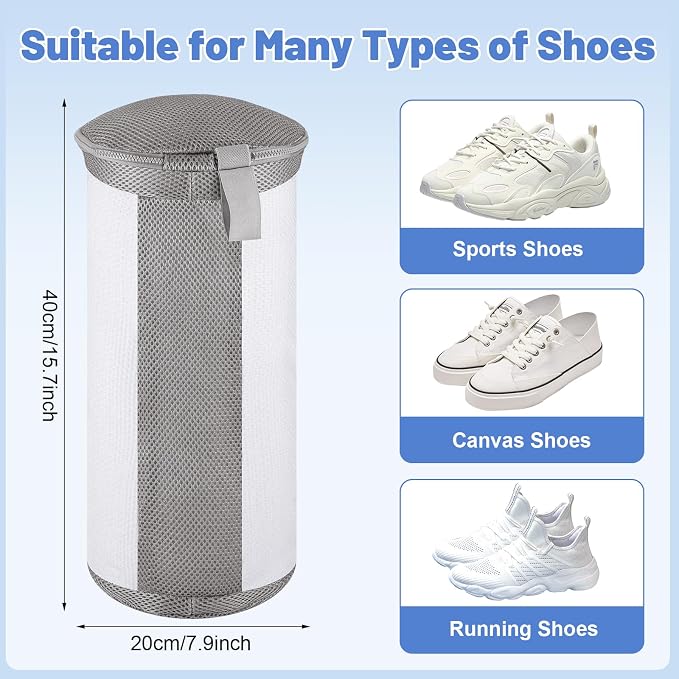 Dntorx 2 PCS Shoe Washing Machine Bags for Washer and Dryer, White + Grey | Reusable Laundry Shoe Bag, Hands Free, Hidden Self-locking Zipper, 360° Deep Cleaning, For Sneakers and All Shoes Types