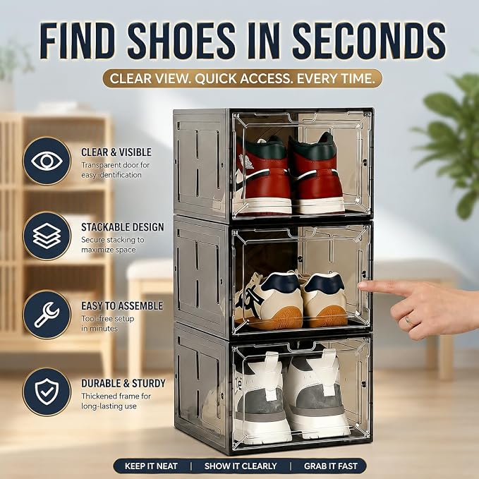 Translucent Black Shoe Storage Box, 2026 2nd Gen Thickened Hard Plastic Stackable Organizer with Magnetic Door, Folding Shoe Rack for Closet, Premium Sneaker Display Case, 1 Pack