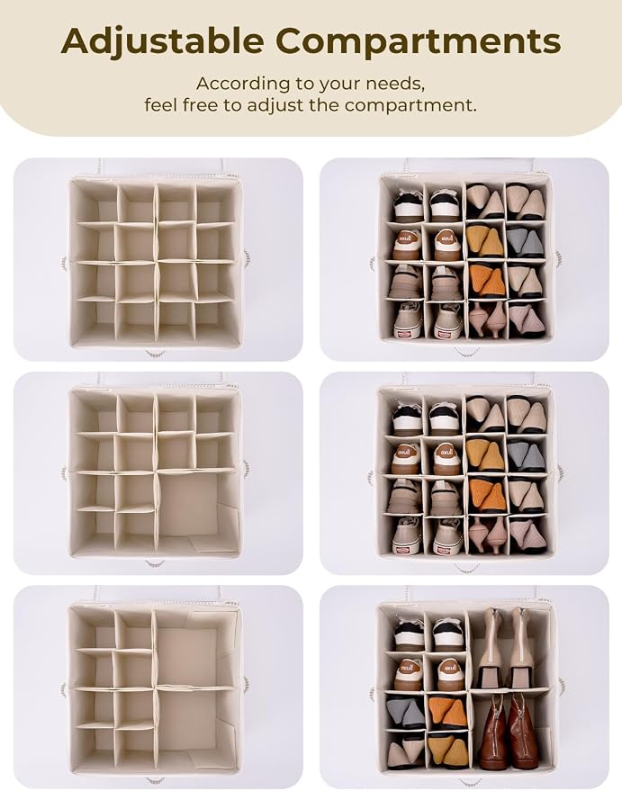 StorageWorks Shoe Organizer for Closet, Fits up to 16 Pairs, Shoe Cubby Storage Containers with Adjustable Dividers and Clear Cover, Khaki and Beige Stripes