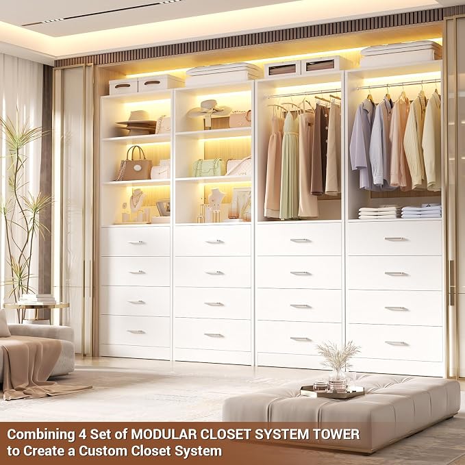 Aheaplus Closet Drawers Organizer System, 3.54FT Wood Closet System with 4 Drawers, Modular Walk-in Closets Storage Unit, Tall Bookshelf Storage Cabinet, White (2 Packs)