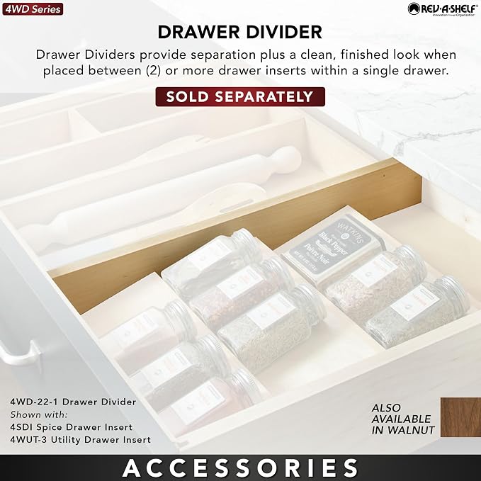 Rev-A-Shelf 22" 3 Tiered Seasoning Organizer, Trim-to-Custom-Fit Wooden Kitchen Draw and Cabinet Home Storage Insert, Pull Out Spice Rack, Maple, 4SDI-24