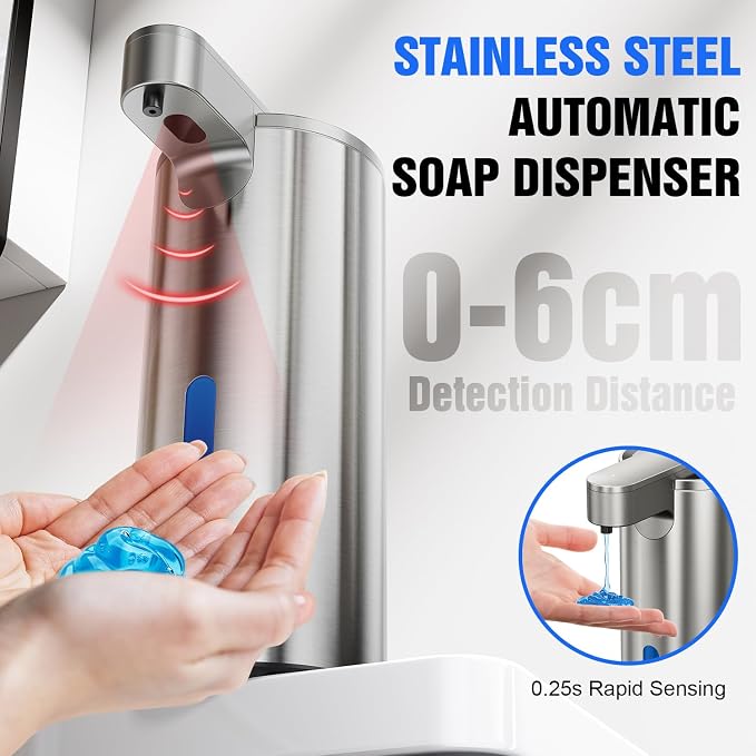 Fantictas Automatic Soap Dispenser Touchless, Stainless Steel 11.5 oz Liquid Hand Soap Dispenser, USB-C Rechargeable Sensor Pump with 3 Adjustable Levels for Kitchen & Bathroom