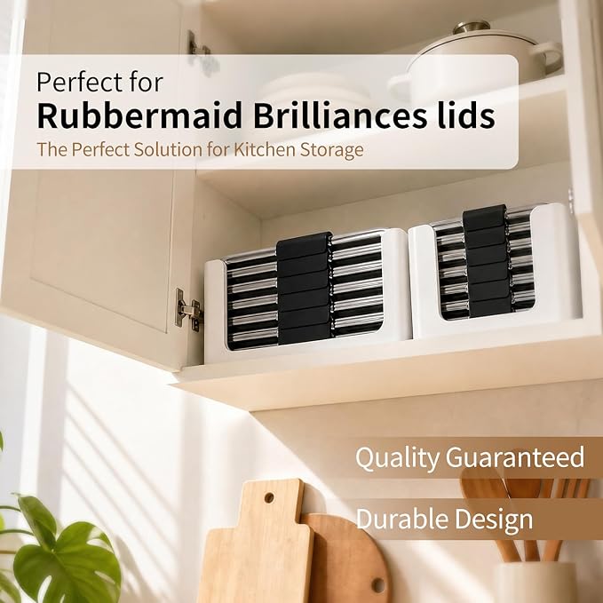 Food Storage Container Lids Organizer for Rubbermaid Brilliance Nap-On Lids,Lid Organizer for Kitchen Cabinet Storage - Fits 3.2, 4.7 & 9.6 Cups - Holds 16 Lids (White,2-Piece Bundle)