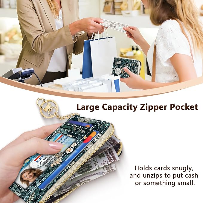 GIANCOMICS Slim Wallet Credit Card Holder Women, Vintage Weeds Floral Rfid Small Card Case, Keychain Thin Pocket Curved Zipper Wallet, Travel Card Holder PU Leather ID Window, Ladies Female Gifts