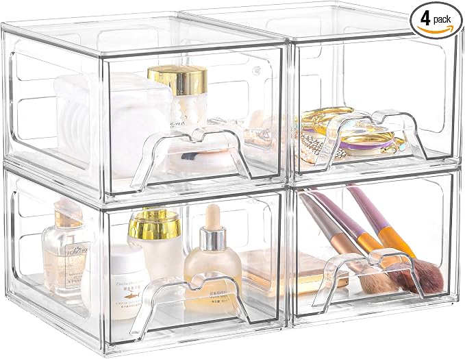 4Pack Acrylic Storage Drawers, Clear Stackable Storage Drawers, Acrylic Storage Bins with Drawers for Fridge Organizers, PlasticDrawers Stackable for Makeup Organizers Cosmetic Display