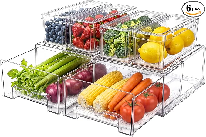 6Pack Fridge Organizers and Storage,Stackable Fridge Organizer Bins with Lids, 2 Pull Out Fridge Organizers and 4 Storage Container with Drain Tray for Fruits, Vegetables, Drinks, Snack and Food