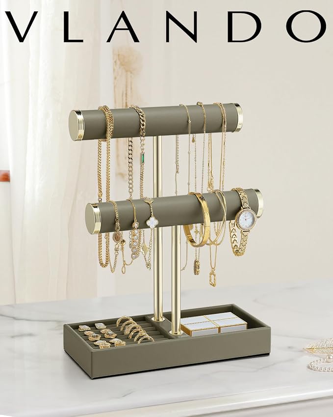 VLANDO 2 Tier Bracelet Holder with Tray - Jewelry Stand Organizer for Women - Valentines Day Gift Her- Jewelry Holder Display for Necklace, Watches, Rings, Earrings, Bangle, Scrunchie - Olive Green
