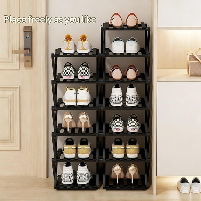 Vertical Narrow Shoe Rack Black, 6 Tier Portable Folding Shoe Storage Rack, Without Installation Free Standing Shoe Rack for Corridors, Bedrooms Living Room Corner and Small Spaces