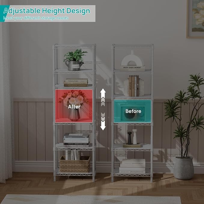 SINGAYE Metal Shelves Wire Shelving Storage Standing Adjustable Shelf Unit | 6 Tier Mesh Units Shelf for Kitchen Laundry Bathroom Closet Organizers Pantry Narrow Home Rack 10" D x 16" W x 63" H White