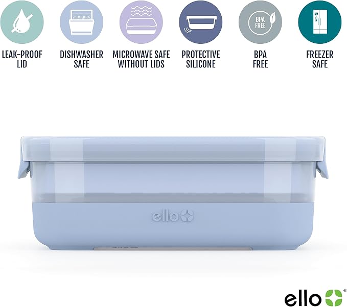 Ello Plastic 3.7 Cup Meal Prep Set 10 Pc, BPA Free Plastic Food Storage Container with Silicone Boot and Airtight Lids, Dishwasher, Microwave, and Freezer Safe, Elderberry (Pack of 2)