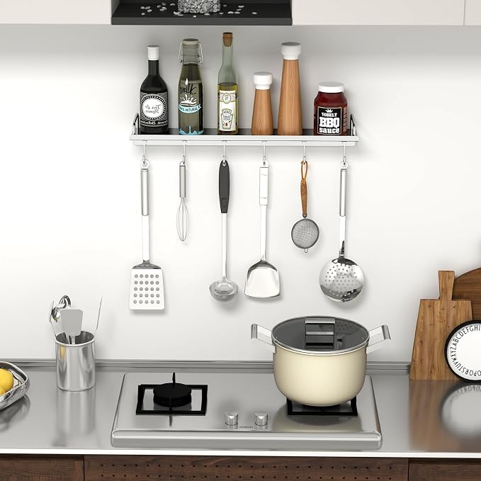 Audmore Kitchen Utensil Rack, 19.7 In Spice Rack with 6 Hooks Wall Mounted | Stainless Steel Over the Stove Shelf, Hanging Storage Wall Shelf for Spatula Spoon, Seasoning Jar Organizer, Rust Resistant