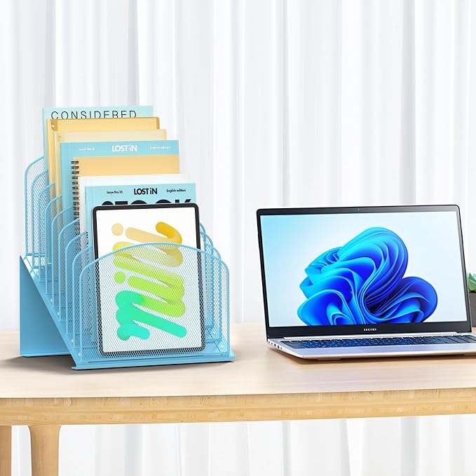 Inclined Desk File Organizer Metal Desk Magazine Folder Holder with 8-Section Vertical Compartments Rack File Organizer for Office, Home, School, Blue