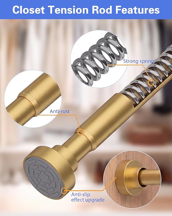 Closet Rod, No Drill Tension Closet Rod for Hanging Clothes, 17-54in, Gold | Quick Tool-Free Install, Non-Slip Rubber Ends Grip Securely, Heavy-Duty Rod Supports Up To 66 lb In Closet, Laundry Rooms, RV