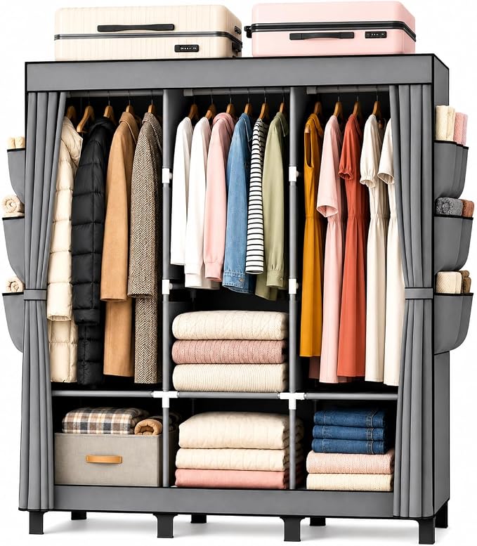 Portable Closet Wardrobe Closet for Hanging Clothes with 3 Hanging Rods for Bedroom, Non-Woven Fabric Clothes Closet for Living Room Easy Assemble