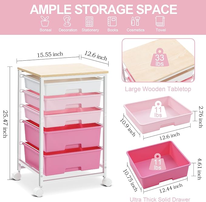 SYKIARIOL Utility Cart with 5 Drawers,Storage Drawer Cart with Wooden Tabletop and Lockable Wheels,Craft Storage Trolley Cart,5-Tier Rolling Utility Cart on Wheels,Rose Pink