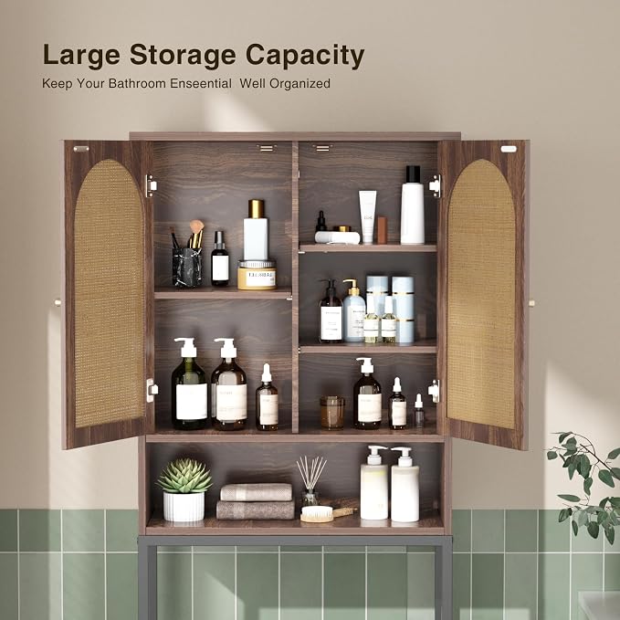 Befrases Rattan Toilet Storage Cabinet, Over the Rack Wood Cabinet with Metal Stand, Bathroom Organizer with Adjustable Shelf, Space Saving Cupboard for Small Bathrooms, Washer Shelf, Dark Brown