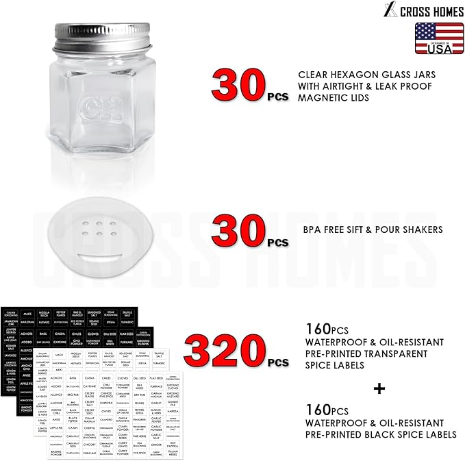 30 Set Magnetic Spice Jars for Refrigerator Hexagon Glass Spice Jars with Magnetic Lids, Shaker, Spice Labels, Magnetic Glass Spice Containers for RV Travel Trailer Kitchen Fridge Cabinet Wall mount