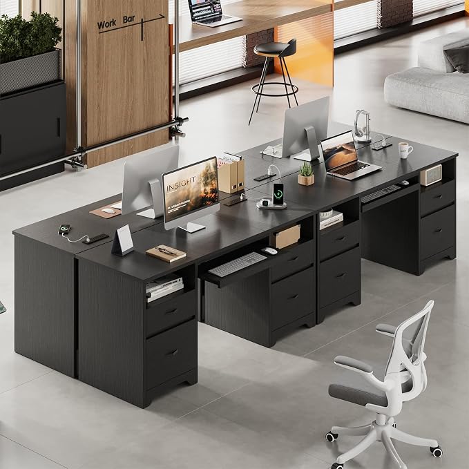 Bestier 59” Computer Desk with 4 Drawers, Charging Station, Black | Office Desk with Storage, Modern Executive Desk with Keyboard Tray & Wooden Pedestals on Both Sides for Home Office & Studio