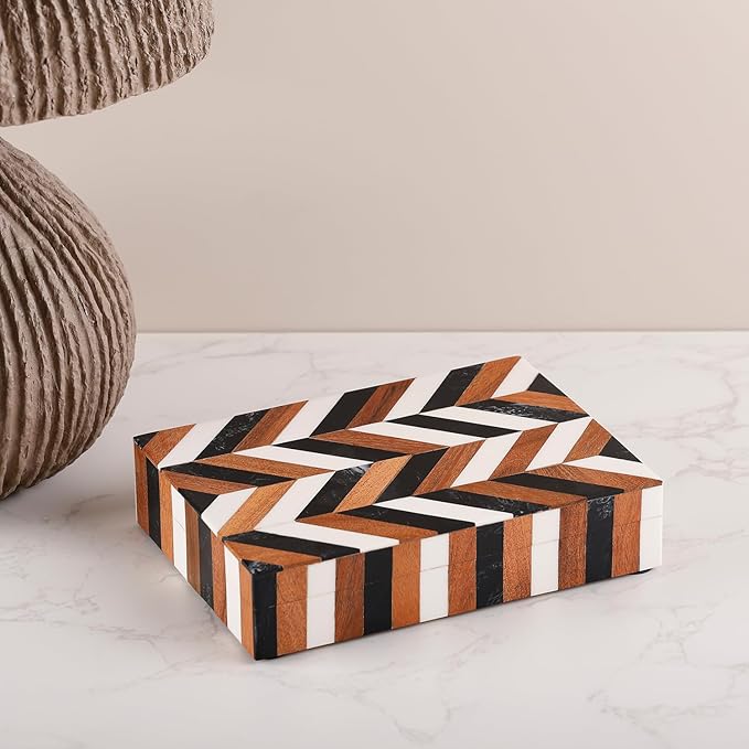 Handicrafts Home Decorative Storage Box with Lid Wooden Remote Control Box Remote Holder for Living Room Coffee Table – Natural Wood Resin Inlay Marquet Cosmo Collection- 8x5x2