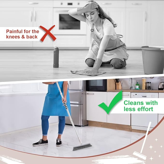 Grout Brush with Long Handle, 2 in 1 Floor Scrub Brush with Squeegee | Shower Scrubber Cleaner Swivel Stiff Bristle for Cleaning Baseboards Tile Floors Bathroom Wall
