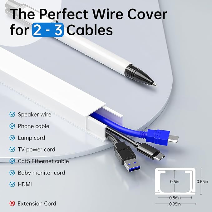 Delamu Cord Hider, 471in Total Cord Covers for Wires on Wall, Paintable Cable Cover for Wall Mounted TV, Easy Install Cable Raceways to Hide 2-3 Cords, 30 Pack, Each 15.7"L x 0.95"W x 0.55"H, White