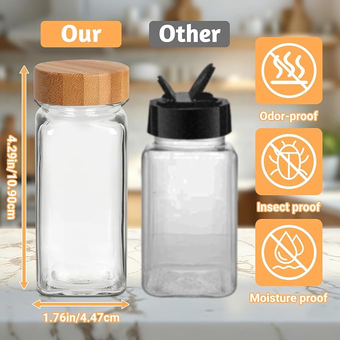 24 Pack Glass Spice Jars with Labels, 4oz Spice Containers with Bamboo Lids | Includes 249 Labels, Metal Funnel, Extra Shaker Lids & Stirring Stick for Kitchen Seasoning Organization