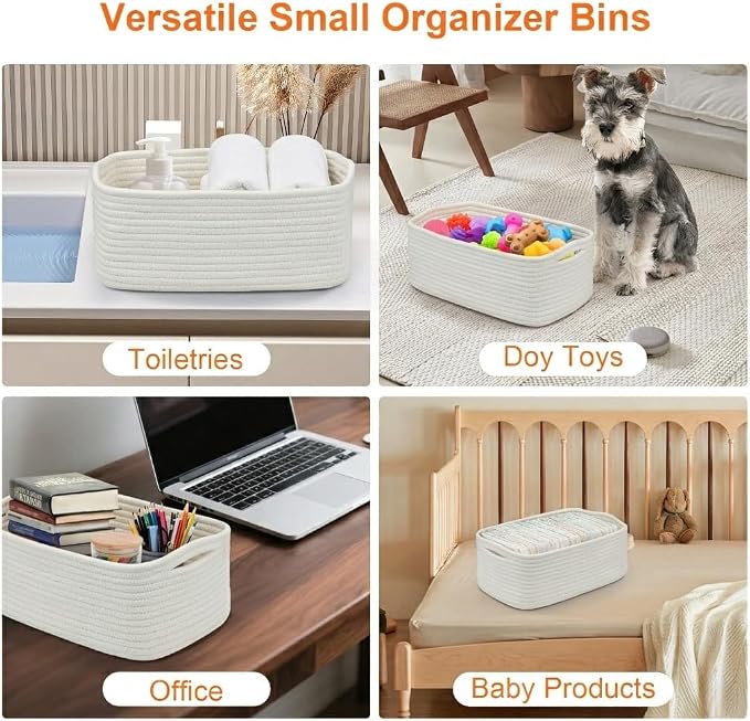 Small Storage Baskets for Organizing, Woven Storage Bins for Shelves, Gift Basket Empty, Cute Decorative Closet Organizer, Baby Rope Basket, Dog Toy Storage, 13.2x8.2x5.2”, 3Packs White