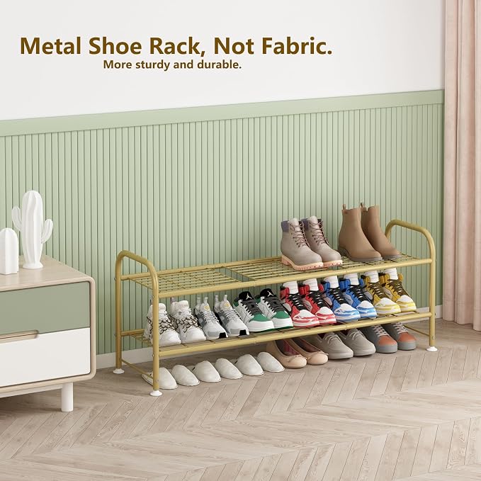 LINZINAR 2 Tier Long Shoe Rack for Closet Metal Shoe Organizer for Entryway | Spacious design stores 15+ pairs of shoes,durable metal frame,space-saving organizer for closet, hallway, and Entryway Gold