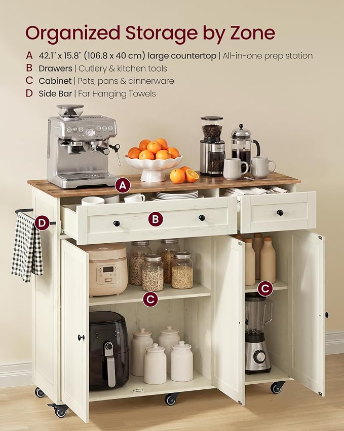 VASAGLE Mobile Kitchen Island, Portable Island on Wheels, Mobile Cart with Storage Cabinet for Dinning Room, 15.8 x 42.1 x 35.1 Inches, Rustic White and Honey Brown UKKI015WJ01S