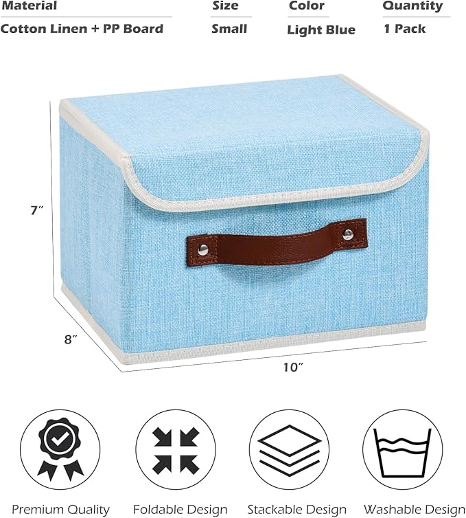 Storage Boxes with Lid Cotton Linen Fabric Storage Bins Organizer Container Decorative Collapsible Washable Shelf Baskets Faux Leather Handles for Home Bedroom Closet (Light Blue, Small)