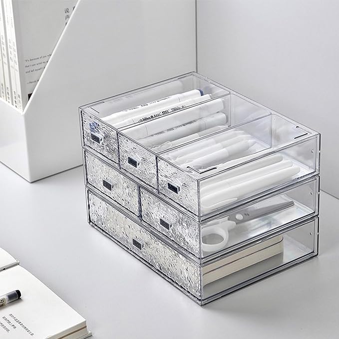 Desk Drawer Organizer, Stackable Plastic Storage Drawer, Grocery Organizer For Stationery/Office Supplies (New Clear, 3 Compartment)