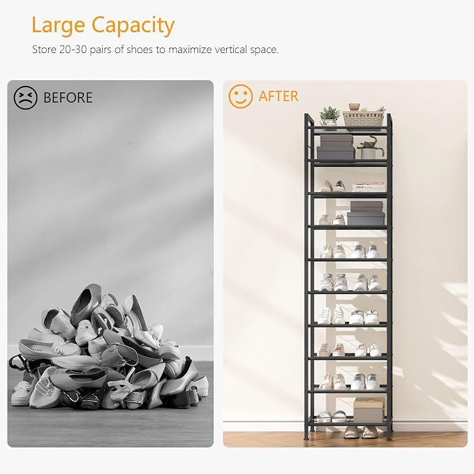 usikey 10 Tiers Narrow Shoe Rack 20-30 Pairs, Sturdy Metal Tall Shoe Rack Shelf with 4 Hooks, Slim Shoe Storage with Metal Shelf, Space Saving Vertical Shoe Organizer for Closet Entryway, Black