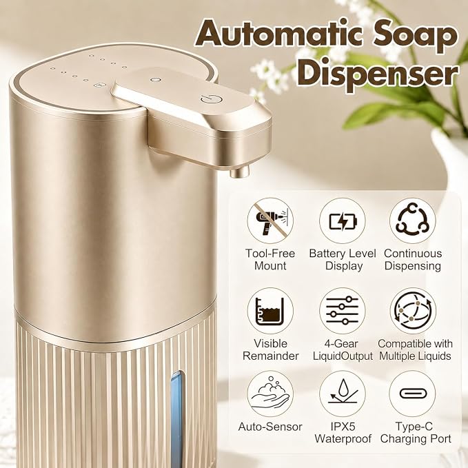Automatic Soap Dispenser, Foaming Soap Dispenser Touchless with Continuous Dispensing, 4-Level Adjustable, Rechargeable Hand Soap Dispensers, Wall Mounted or Countertop for Bathroom & Kitchen