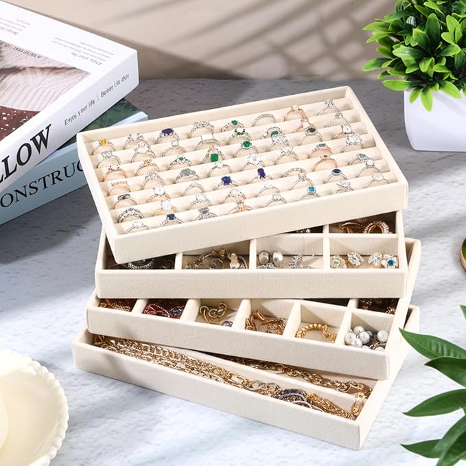 9 Pcs Stackable Jewelry Organizer Trays Velvet Jewelry Organizer for Drawer Adjustable Earring Necklace Ring Bracelet Display Storage Case, Beige