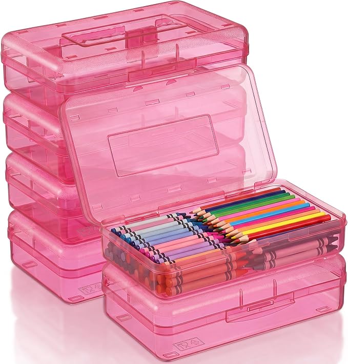 Blulu 6 Pack Large Plastic Pencil Case Box Clear Pencil Boxes Bulk Hard Crayon Box Storage with Snap Lids 8.1 x 4.7 x 2.2 Inch Painting Organizer Classroom Stationery School Supplies (Pink)