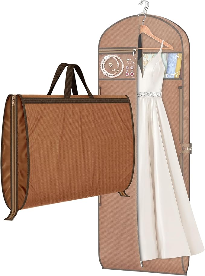 MISSLO 65" Garment Bags for Travel for Women with Loackabe-Self Zipper Waterproof Dress Bags for Gowns Long with Accessories Pockets Wedding Dress Bag Garment Covers for Hanging Clothes, Brown