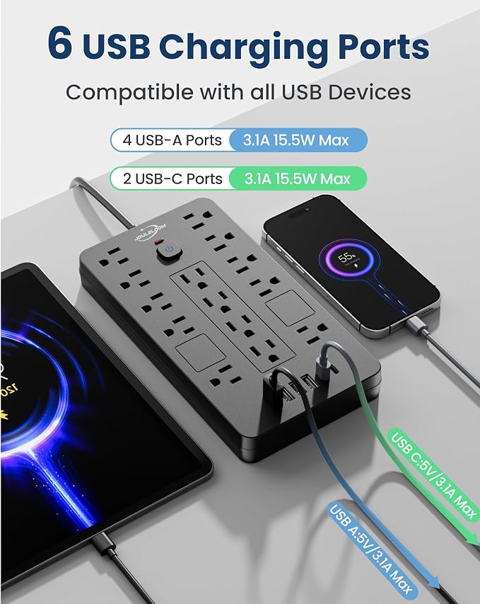 JouleLoom Surge Protector Power Strip-14 Outlets and 6 USB Ports, 15 Feet Flat Plug Extension Cord, 1850 Joules, Black, ETL Listed for Home, Office, Dorm Room