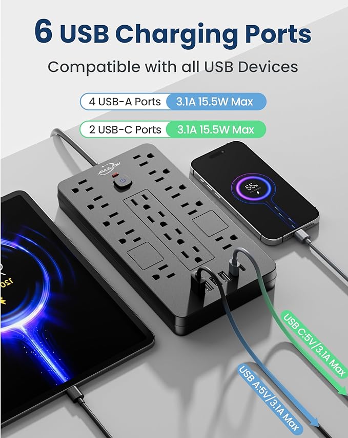 JouleLoom Surge Protector Power Strip-14 Outlets and 6 USB Ports, 10 Feet Flat Plug Extension Cord, 1850 Joules, Black, ETL Listed for Home, Office, Dorm Room