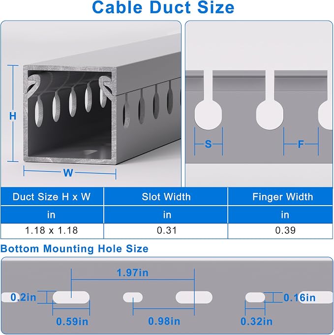 1.2"H x 1.2"W Cable Raceway, 132in Under Desk Wire Management Channel, Grey | Slotted Wire Duct, 8Pack, 16.5in Each, Heavy-Duty PVC Cable Management for Server Racks, Network Cables & Electrical Cabinets