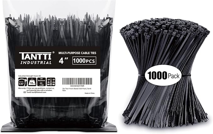 Zip Ties 4 inch, Small Zip Ties with 18 lb Tensile Strength, Black, 1000 Pack, by Tantti Supply